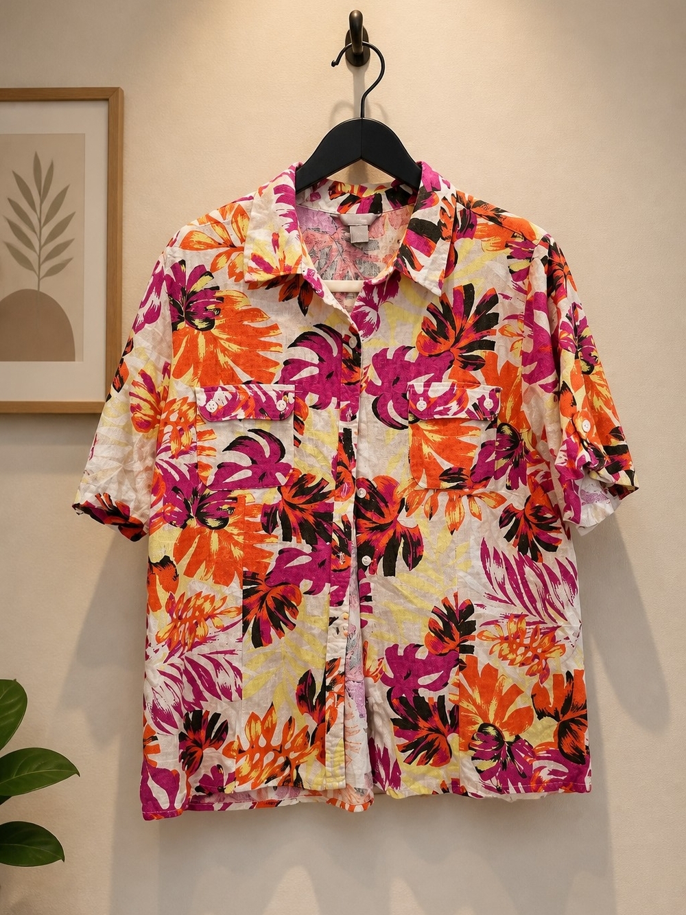 White Stag Floral Button-Down Shirt in Orange, Pink, Black on White - Picture 1 of 5